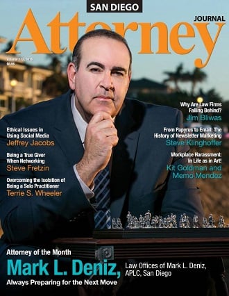 Mark Deniz on cover of San Diego Attorney Journal magazine